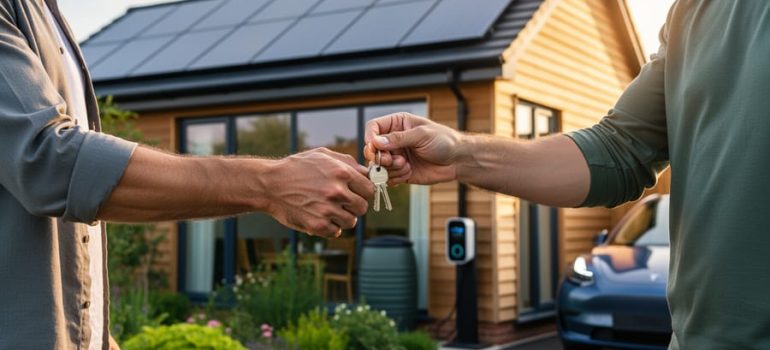 Close-up of a buyer and homeowner shaking hands while exchanging house keys, with a modern UK eco-home featuring rooftop solar panels, timber cladding, native garden, rainwater barrel, and EV charger softly blurred in the background at golden hour.