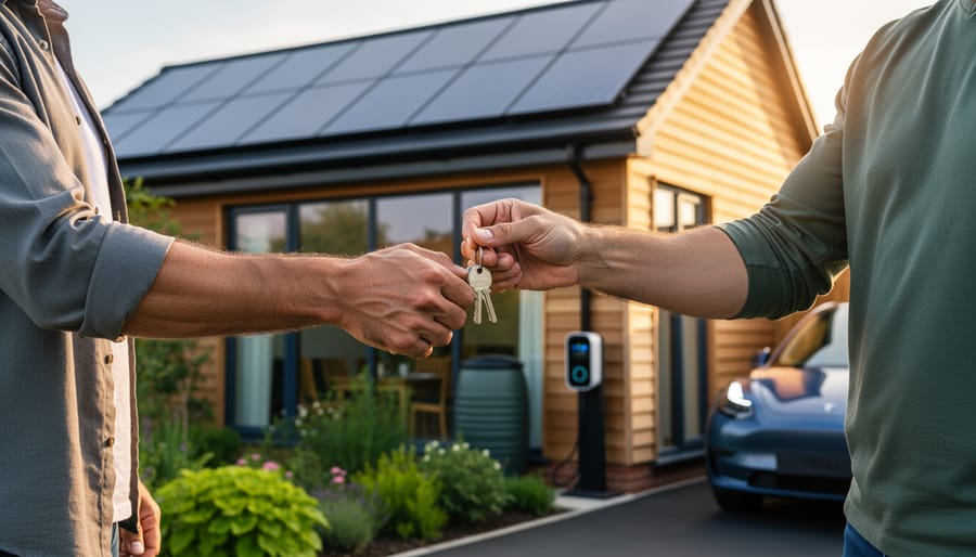 Close-up of a buyer and homeowner shaking hands while exchanging house keys, with a modern UK eco-home featuring rooftop solar panels, timber cladding, native garden, rainwater barrel, and EV charger softly blurred in the background at golden hour.