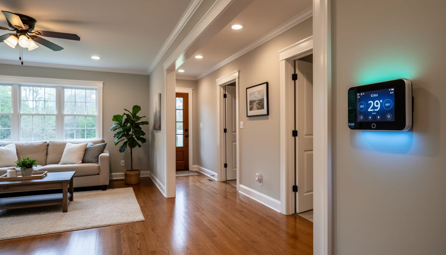 Homeowner installing energy-efficient LED smart bulb with smartphone energy monitoring