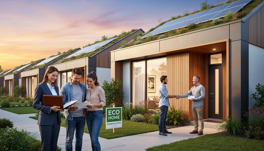Modern green home with solar panels and sustainable wood siding surrounded by native landscaping