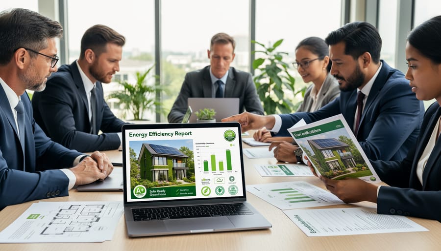 Real estate investors reviewing green home certifications and energy efficiency documentation