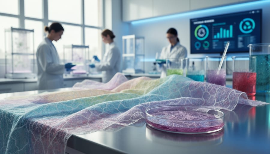 Macro view of lab-grown textile material showing mycelium fiber structure in laboratory setting