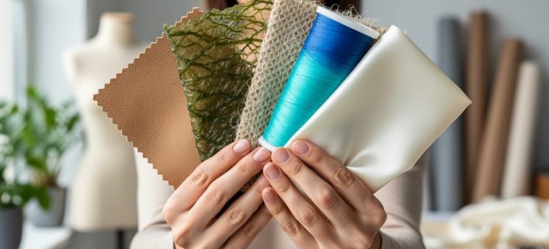 Eye-level close-up of a designer holding swatches of mushroom leather, seaweed-based knit, pineapple-leaf textile, a spool of recycled ocean-plastic filament, and silky cellulose fabric, with a blurred studio background featuring plants, a dress form, and fabric rolls.