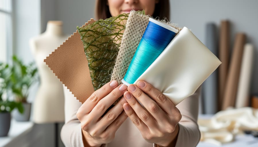 Eye-level close-up of a designer holding swatches of mushroom leather, seaweed-based knit, pineapple-leaf textile, a spool of recycled ocean-plastic filament, and silky cellulose fabric, with a blurred studio background featuring plants, a dress form, and fabric rolls.