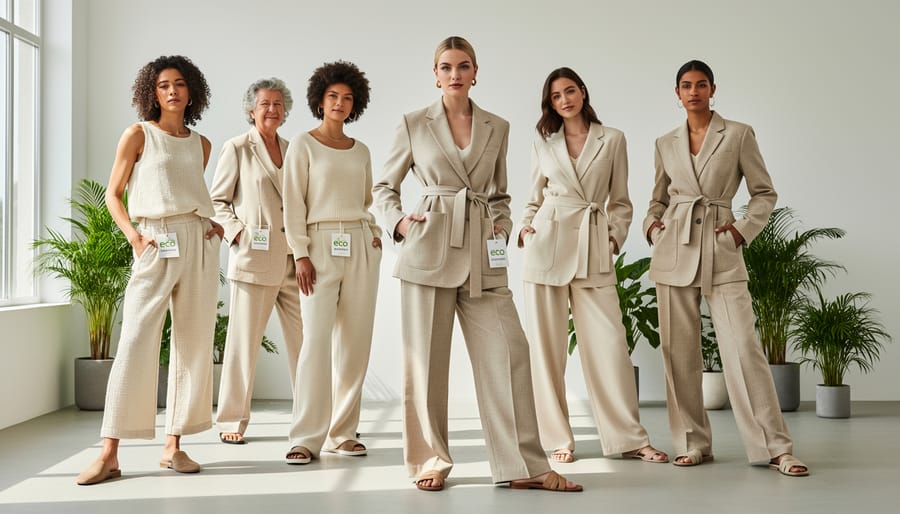 Elegant sustainable fashion garment made from innovative eco-friendly textiles displayed on wooden rack