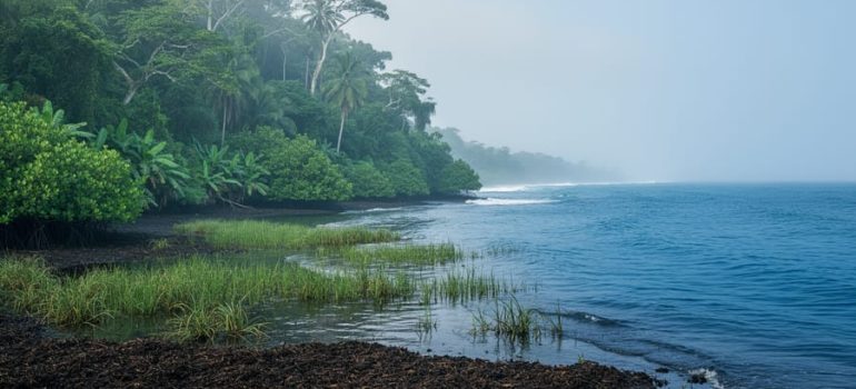 Misty rainforest canopy blending into a calm ocean with visible wetland reeds and dark soil in the foreground, representing natural carbon sinks.