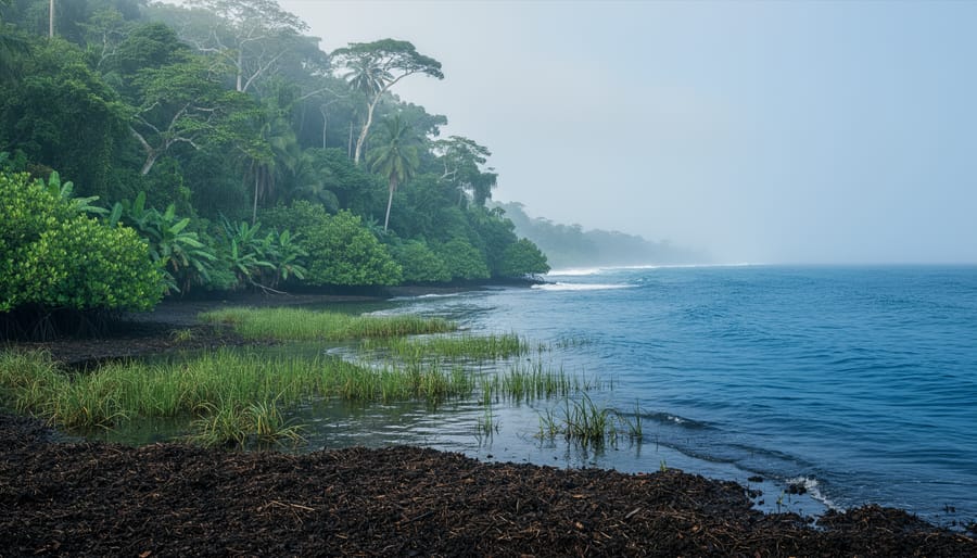 Misty rainforest canopy blending into a calm ocean with visible wetland reeds and dark soil in the foreground, representing natural carbon sinks.
