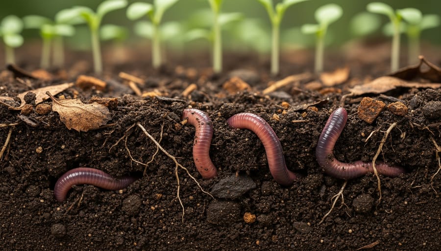 Macro view of dark healthy soil with earthworms and organic matter