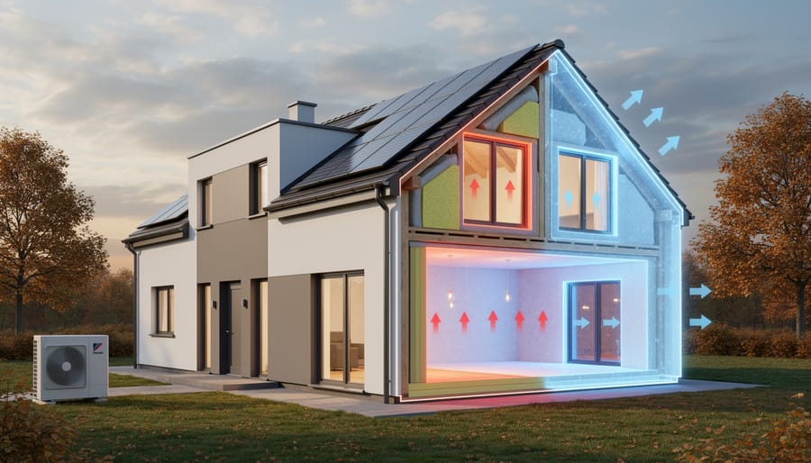 Insulated wall cavity with visible air-sealing materials in an energy-efficient home