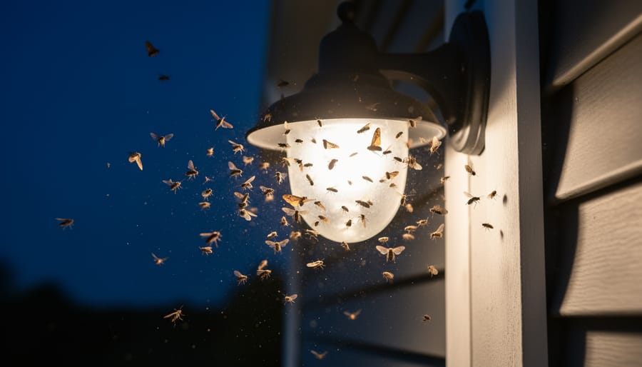 Insects clustered around an outdoor light fixture in tall grass at night.