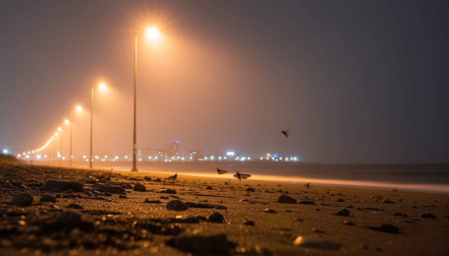 Bright amber streetlights at night create orange skyglow over a coastal shoreline, with wildlife silhouettes near the lighted area.