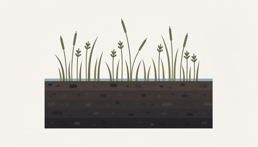 Close view of wet peat soil with grasses in a peatland habitat