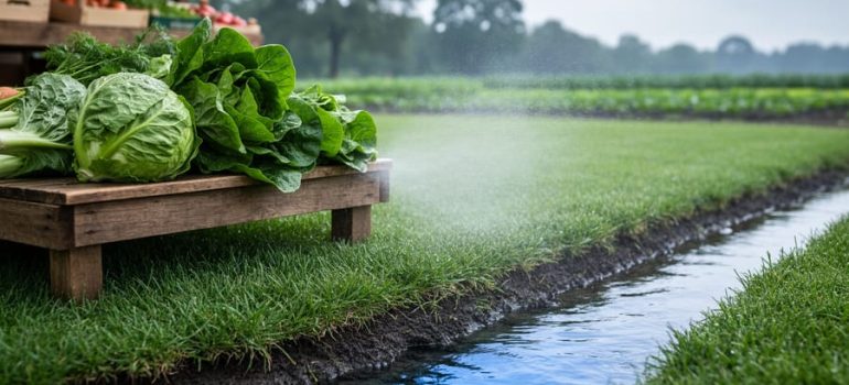 Fresh produce with water droplets on a wooden table, alongside textured soil and a nearby trickling stream near a manicured lawn edge, representing pesticide impact on the environment.