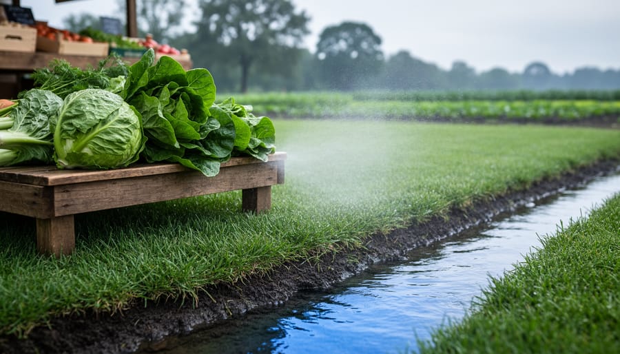 Fresh produce with water droplets on a wooden table, alongside textured soil and a nearby trickling stream near a manicured lawn edge, representing pesticide impact on the environment.