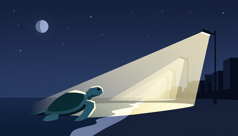Sea turtle swimming in dark water with a bright shoreline light reflecting on the ocean surface.