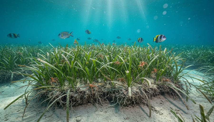 Shallow seagrass meadow underwater with sunlight rays and swaying seagrass blades
