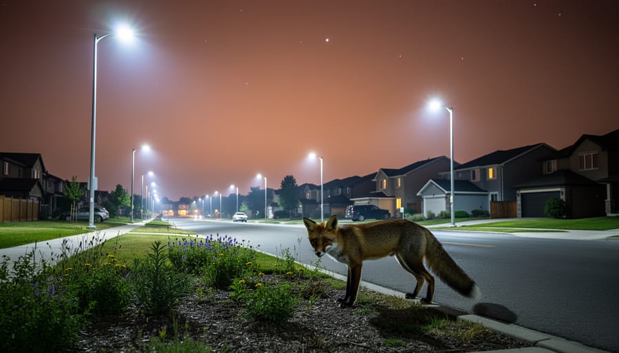 Bright streetlights at night creating skyglow and washing out the stars above a dark street.
