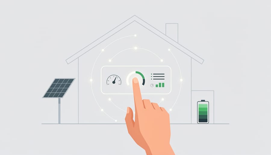 Person’s hands near a thermostat while viewing a phone with non-readable energy indicator imagery