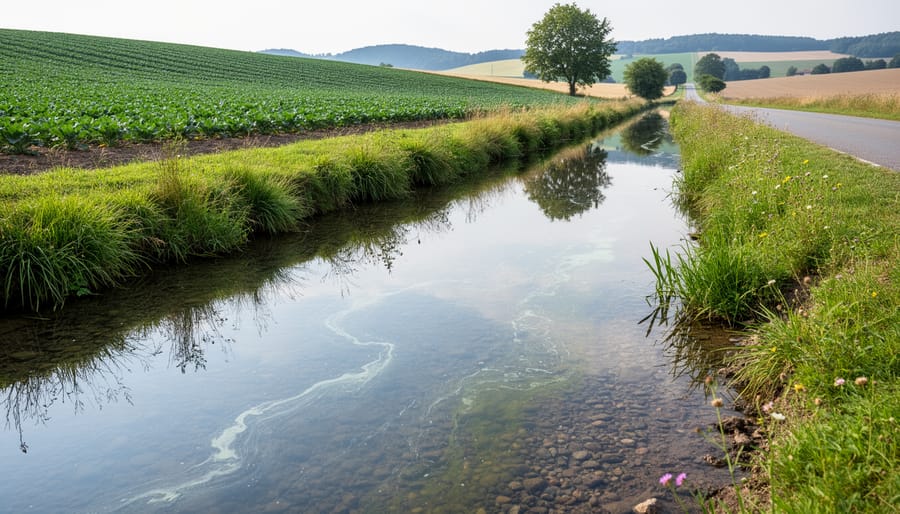 Freshwater stream near farmland with rocks and rippling water