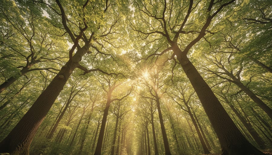 Sunlight filtering through a dense forest canopy with visible tree trunks and green leaves