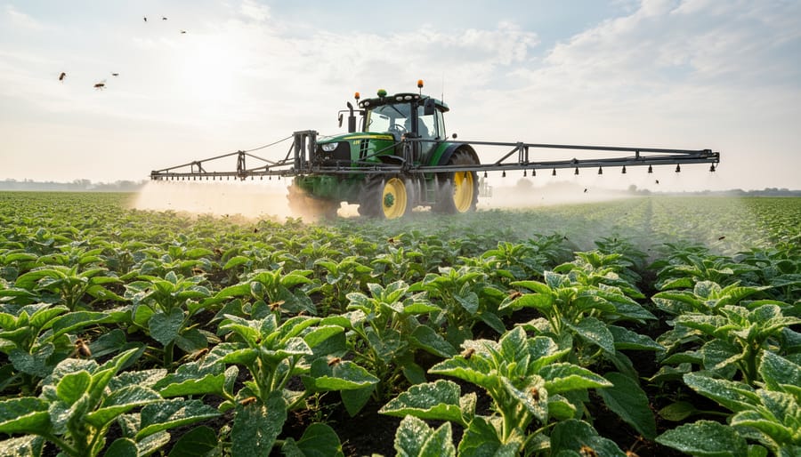 Tractor spreading pesticide over a crop field at dawn