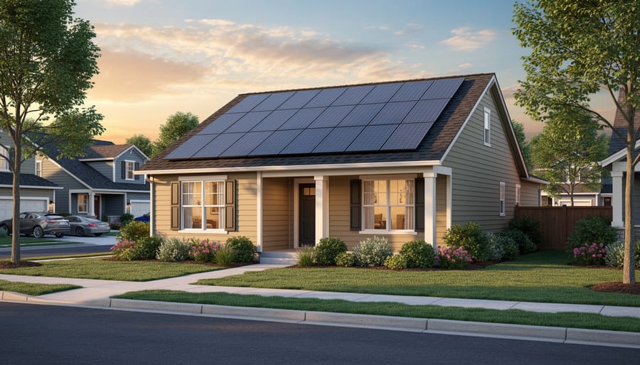 Modern house exterior with a solar panel roof and warm interior lights at dusk