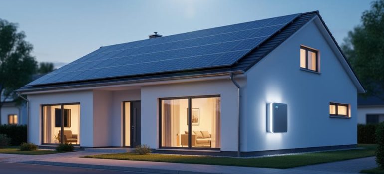 Modern net-zero home exterior with rooftop solar panels and a nearby battery storage unit glowing softly at dusk.