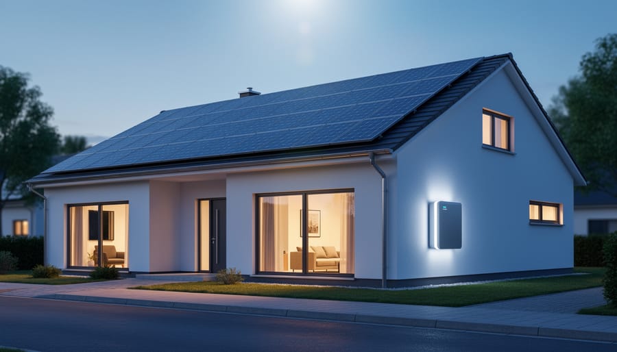 Modern net-zero home exterior with rooftop solar panels and a nearby battery storage unit glowing softly at dusk.