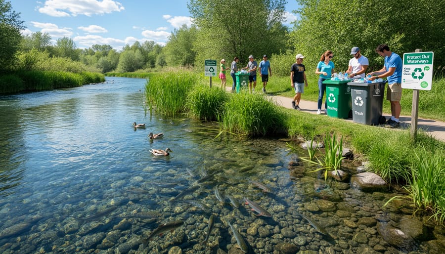 Clean river shoreline with clear water and no visible plastic debris
