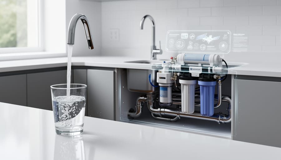 Clean water flowing through a modern countertop filtration unit beside a glass carafe and a leafy plant in soft daylight