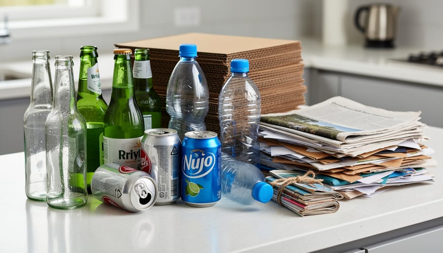 Close-up of mixed recyclable materials, paper, a glass jar, and a steel can, on a kitchen counter