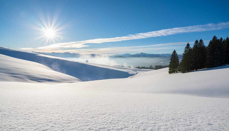Close view of fresh snow surface reflecting bright sunlight under clear conditions