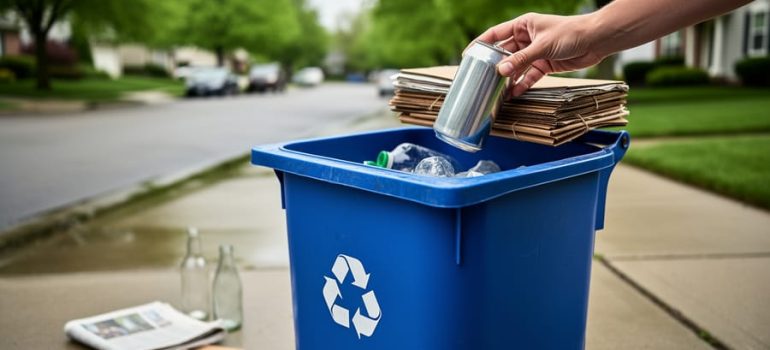 A hand placing an aluminum can and paper recyclables into a blue curbside recycling bin in a green neighborhood.