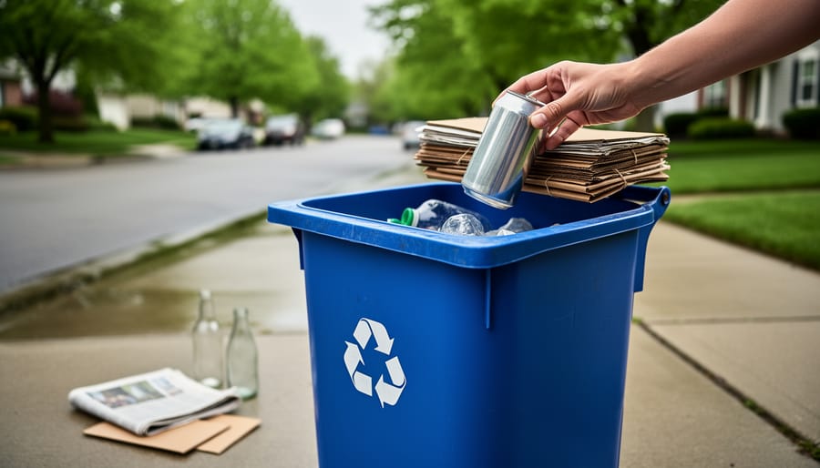 A hand placing an aluminum can and paper recyclables into a blue curbside recycling bin in a green neighborhood.