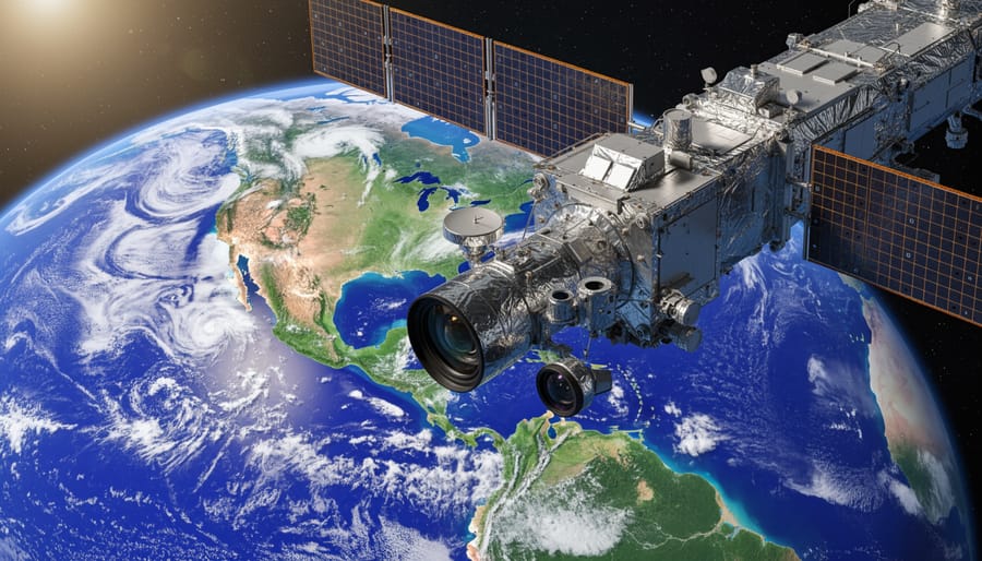 Ground-based satellite dish aiming toward a blue-hued Earth horizon under an overcast sky