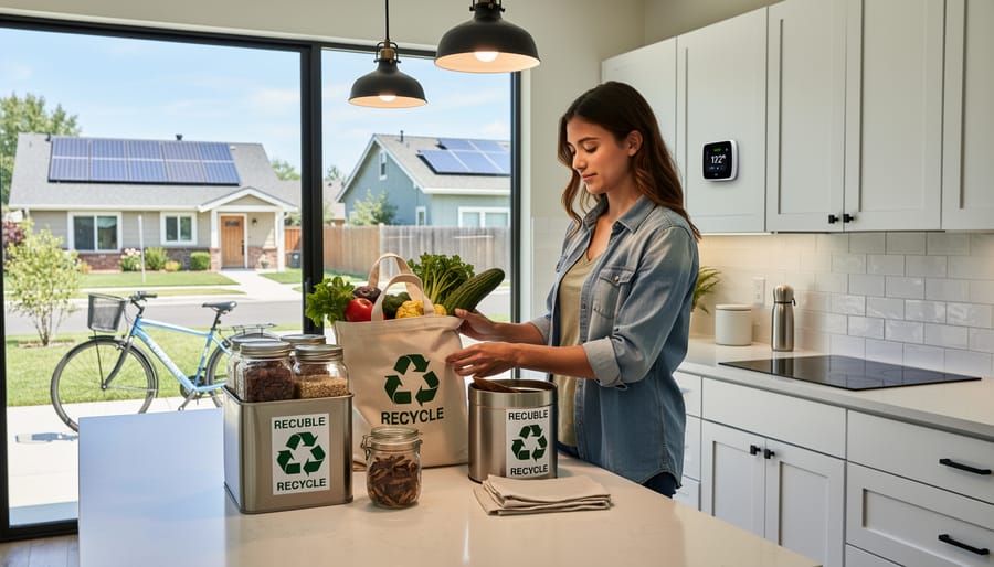 Hands placing a reusable jar into a recycling bin with solar panels and garden plants blurred in the background.
