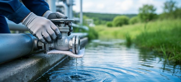 Hands placing a protective barrier pad under a leaking valve next to a water stream, representing mitigation and harm reduction in an environmental context.