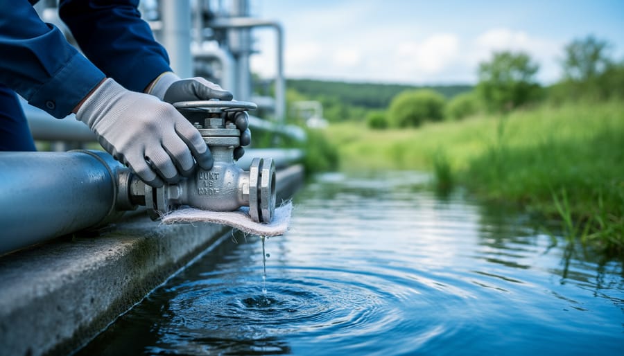 Hands placing a protective barrier pad under a leaking valve next to a water stream, representing mitigation and harm reduction in an environmental context.
