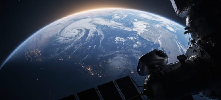 Low-orbit view of Earth from space with a spacecraft silhouette and solar arrays framing the planet’s oceans and cloud systems.