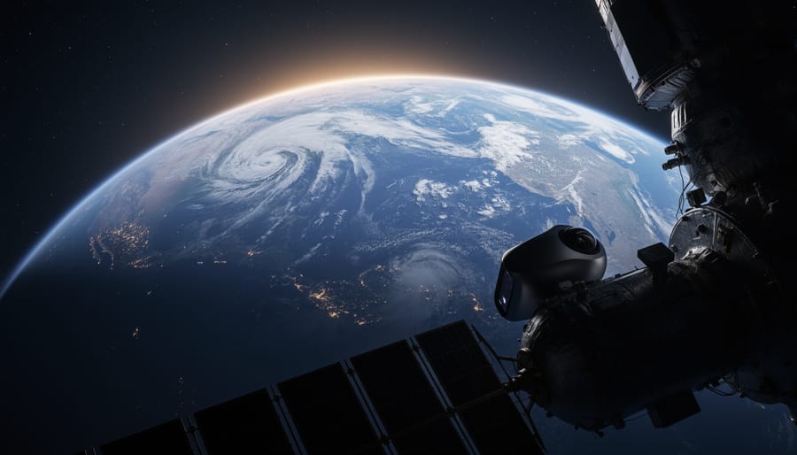Low-orbit view of Earth from space with a spacecraft silhouette and solar arrays framing the planet’s oceans and cloud systems.