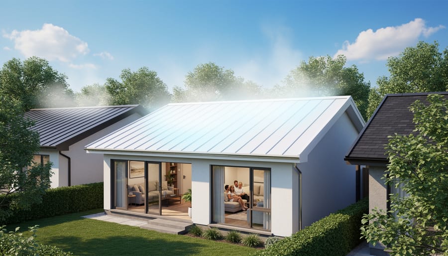Person standing near a light-colored reflective house roof in warm sunlight