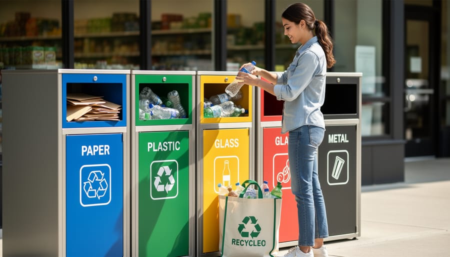 Person wearing gloves placing sorted paper and aluminum cans into recycling bins at a community drop-off area