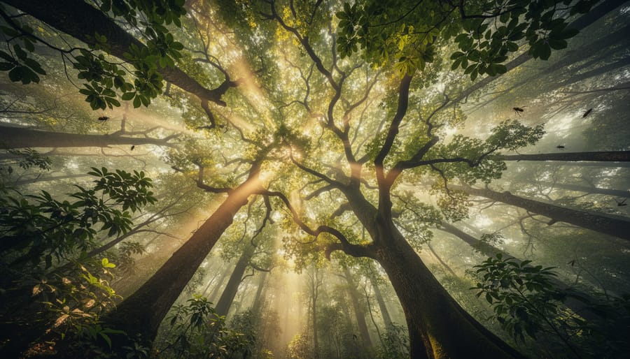 Sunbeams through a dense forest canopy, illustrating environmental mitigation through natural carbon storage.