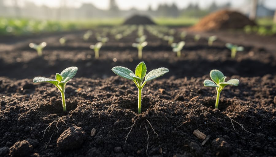 Close-up of dark healthy soil with small seedlings and earthworms, showing regenerative garden life.