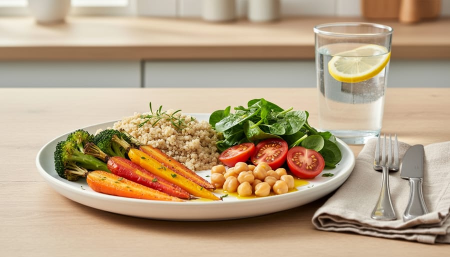 Plant-forward meal with bowls of rice, roasted seasonal vegetables, and legumes on a wooden table in soft natural light.