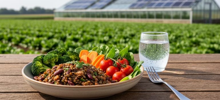 Close-up of a plant-based meal on a wooden table with vegetables and lentils, with a blurred green farm background suggesting sustainable food production.