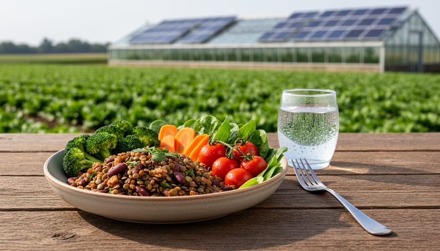 Close-up of a plant-based meal on a wooden table with vegetables and lentils, with a blurred green farm background suggesting sustainable food production.