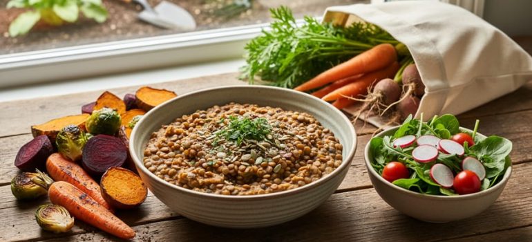 Close-up of a lentil-and-grain bowl with roasted seasonal vegetables and a reusable produce bag with fresh greens on a wooden table.