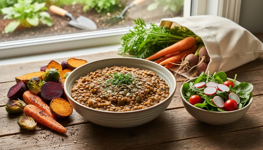 Close-up of a lentil-and-grain bowl with roasted seasonal vegetables and a reusable produce bag with fresh greens on a wooden table.