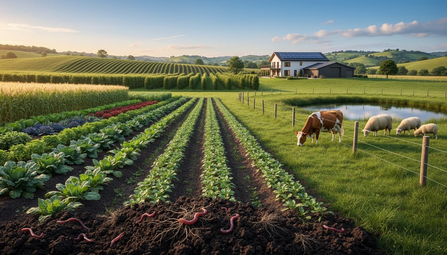 Healthy green cover crops growing in dark soil in a mixed farm field at golden hour